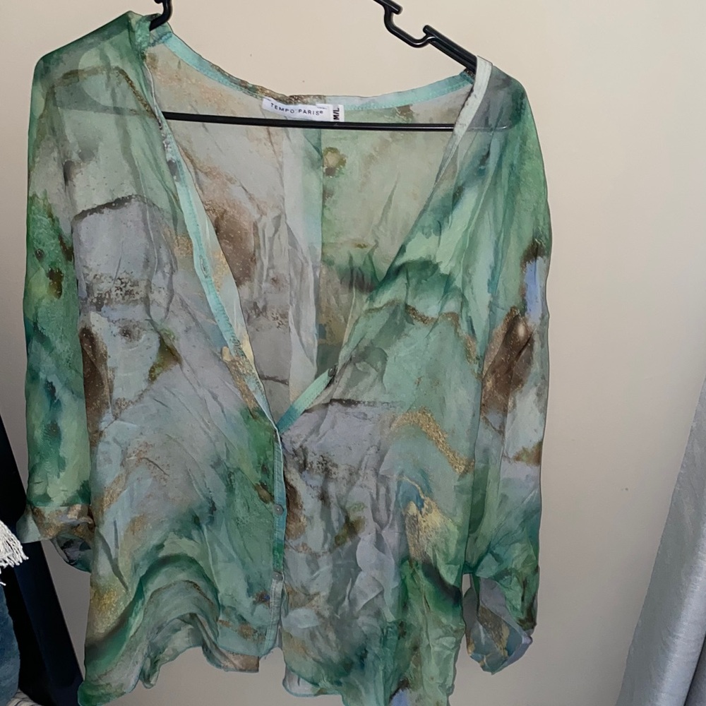 Tempo Paris Green and Gold Sheer Blouse